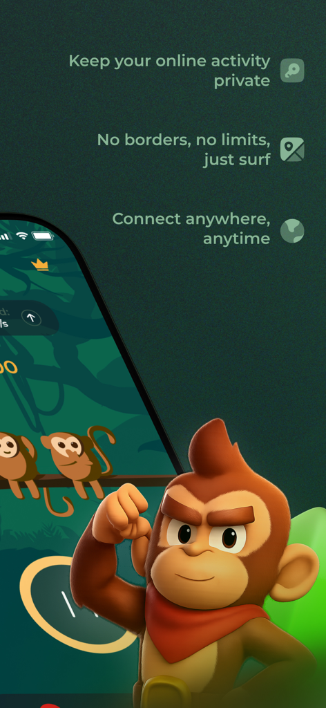 Triple Ape VPN - Triple Ape VPN mascot monkey with privacy and global connection feature highlights