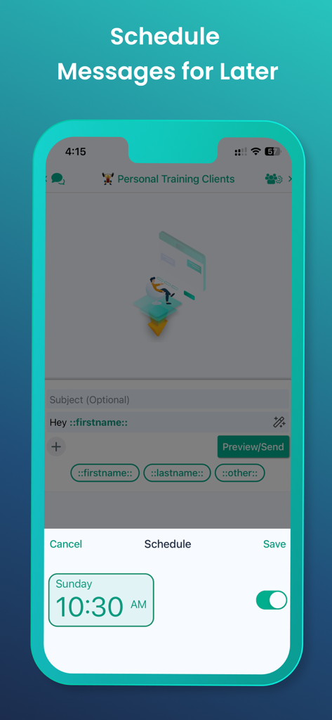 User interface of the Hit Em Up app showing how to schedule a personalized mass text message for a group of clients