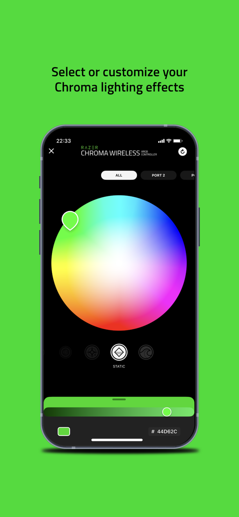 Razer Chroma RGB - Interfaz de la aplicación Razer Chroma RGB que muestra una rueda de colores para personalizar efectos de iluminación para hardware de gaming