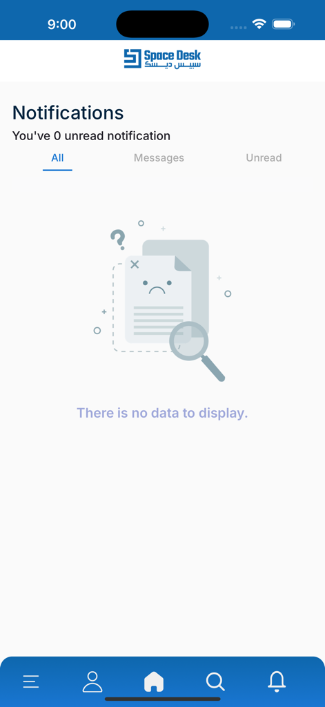 SpaceDesk App - Pantalla de notificaciones de la aplicación SpaceDesk sin datos que mostrar