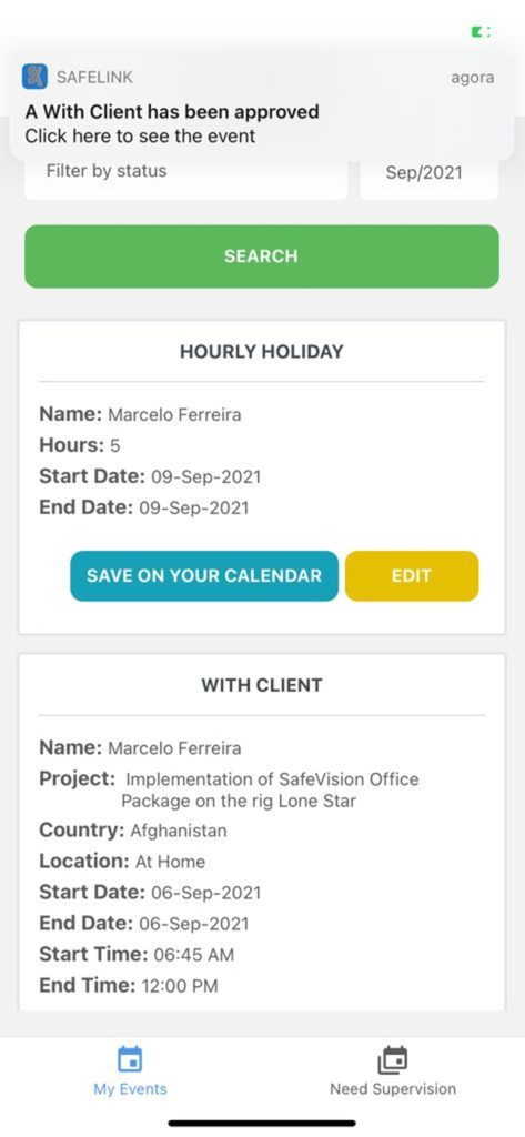 Interface do Safelink App mostrando eventos agendados e status do projeto para operações de sonda de petróleo