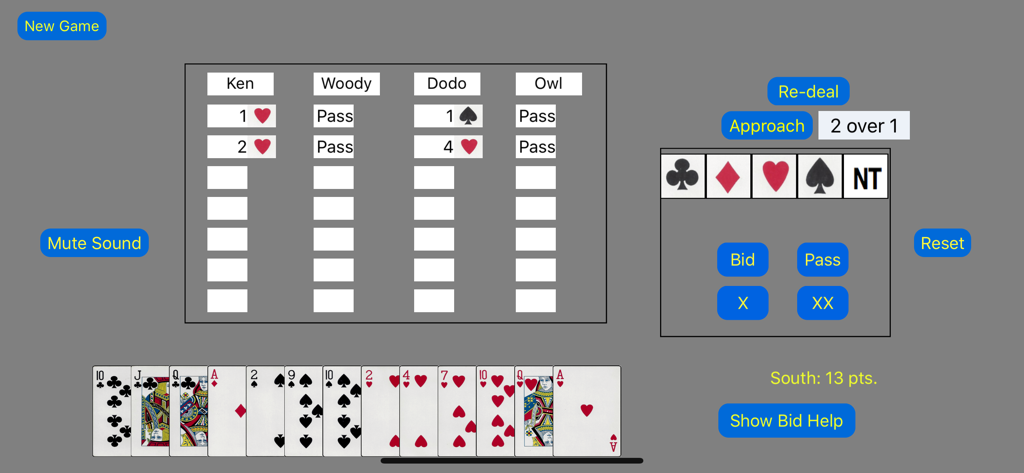 Gameplay screen of Master's Bridge showing the bidding sequence and a player hand