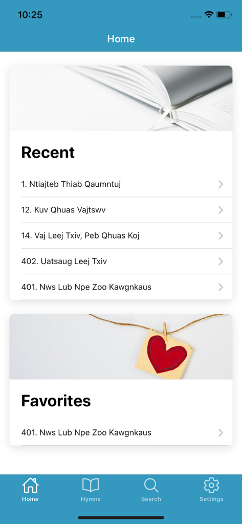 Cov Ntseeg Yexus Phau Nkauj - Home screen of the Hmong Jesus Believers Hymn Book app with lists of recent and favorite hymns.