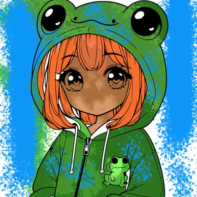 cute realistic girl in a froggy hoodie