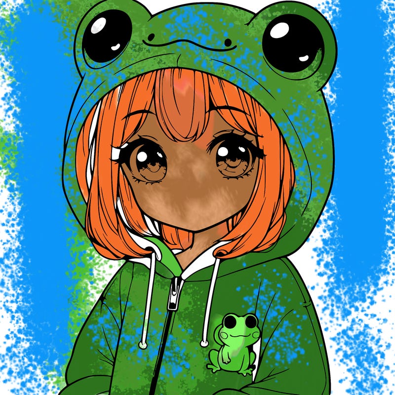 cute realistic girl in a froggy hoodie