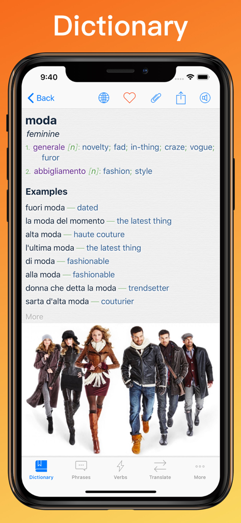 Italian Translator + - Interface do dicionário de inglês italiano mostrando definições e exemplos para a palavra moda