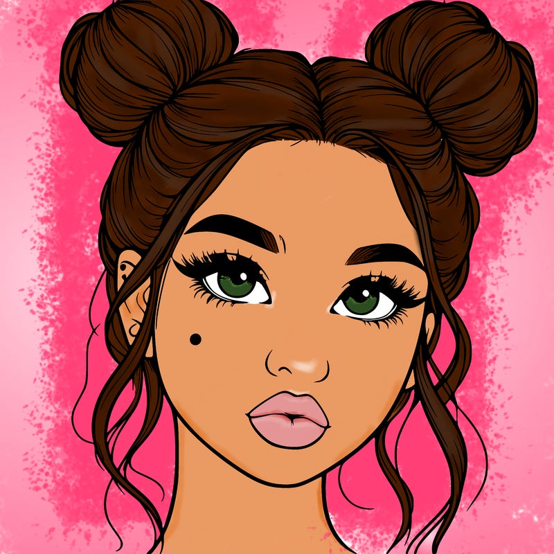 realistic girl with two buns on her hair and lips