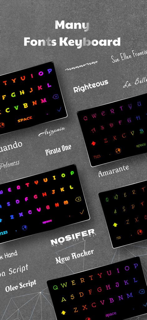 LED Keyboard - RGB Color - Una variedad de coloridos temas de teclado RGB neón mostrando diferentes fuentes decorativas.