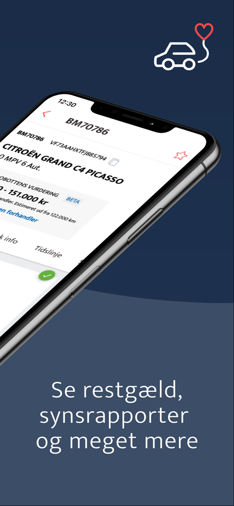 TjekBil - tjek nummerplade - TjekBil app screen showing vehicle price valuation and inspection data for a used car