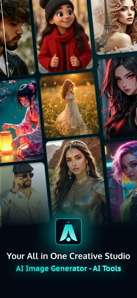 AI Image Generator - AI Tools - Un montaje de diversos estilos de arte generados por IA, incluyendo anime, retratos de fantasía y personajes realistas