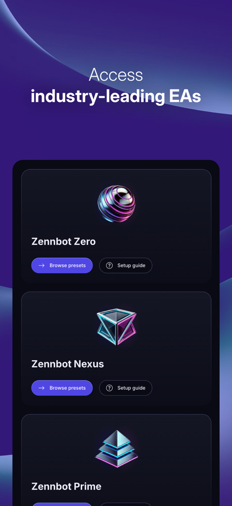 Zennbot - Zennbot app screen displaying various trading expert advisors including Zero Nexus and Prime