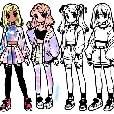 one girl with crop-top shirt and a jacket with a skirt, long socks and another girl with a shirt and pants with a jacket