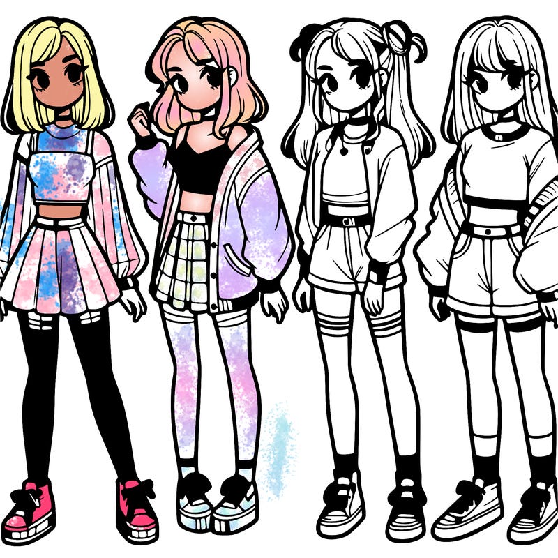 one girl with crop-top shirt and a jacket with a skirt, long socks and another girl with a shirt and pants with a jacket