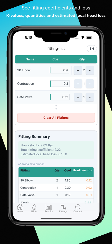 NPSH Calculator - Schermata dell'app NPSH Calculator che mostra l'elenco dei raccordi con coefficienti, quantità e un riepilogo delle perdite di carico locali