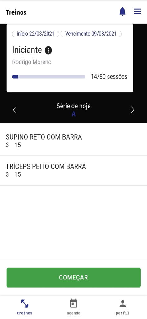 Bluefit - Bluefit mobile app interface showing a workout training plan with exercises like bench press and tricep press