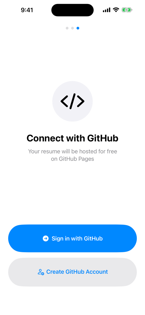 Resume Hero - Pantalla de incorporación de la aplicación Resume Hero para conectar una cuenta de GitHub para alojar un currículum de forma gratuita.