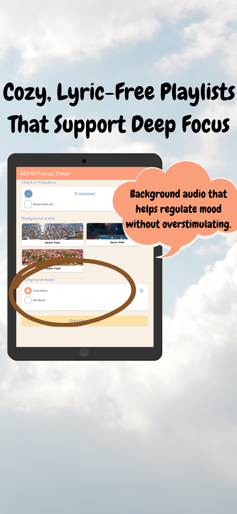 ADHD Focus Timer - Lyric free music and background scene settings in the ADHD Focus Timer app