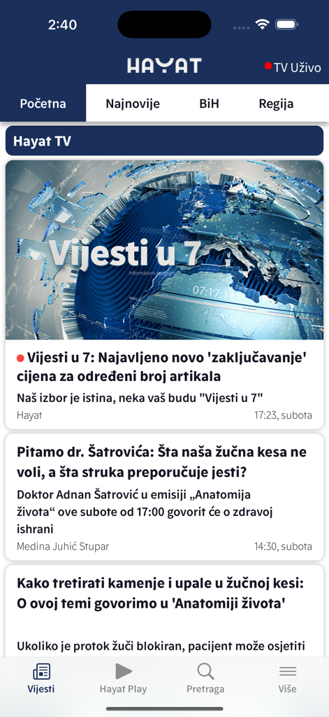 Hayat - Hayat app home screen with Bosnian news articles and navigation menu