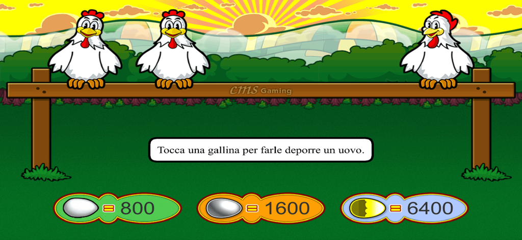 Tre galline stilizzate sedute su una recinzione di legno in un mini gioco di Fowl Play Gold