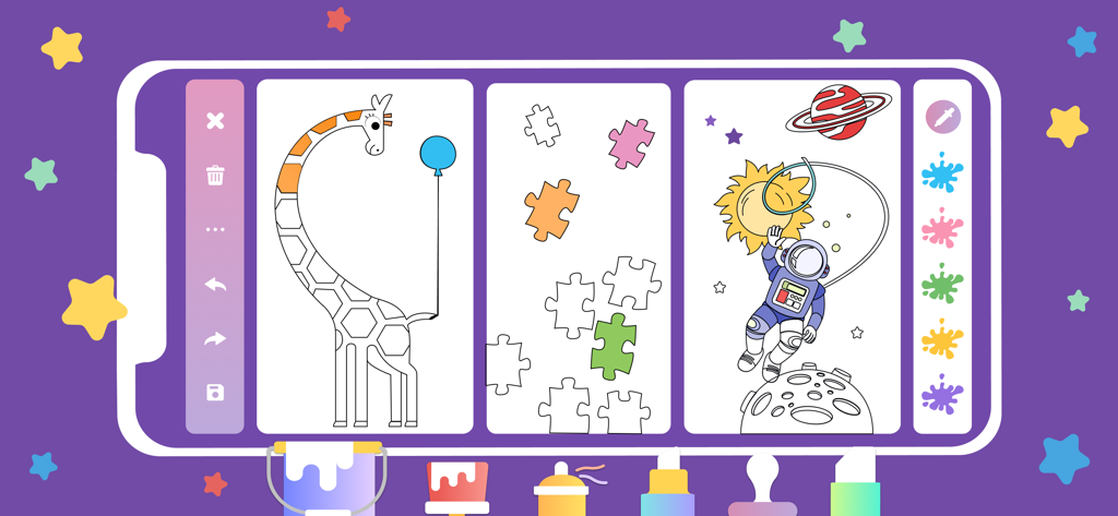 Happy Coloring Games: PlayTime - Interface of Happy Coloring Games PlayTime app showing coloring jigsaw puzzles and drawing activities for kids