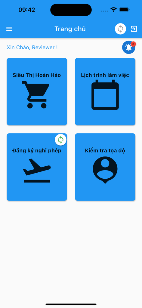 ESS Mobile App Dashboard mit Hauptmenü-Kacheln für Arbeitsplanung, Urlaubsverwaltung und Standortverfolgung
