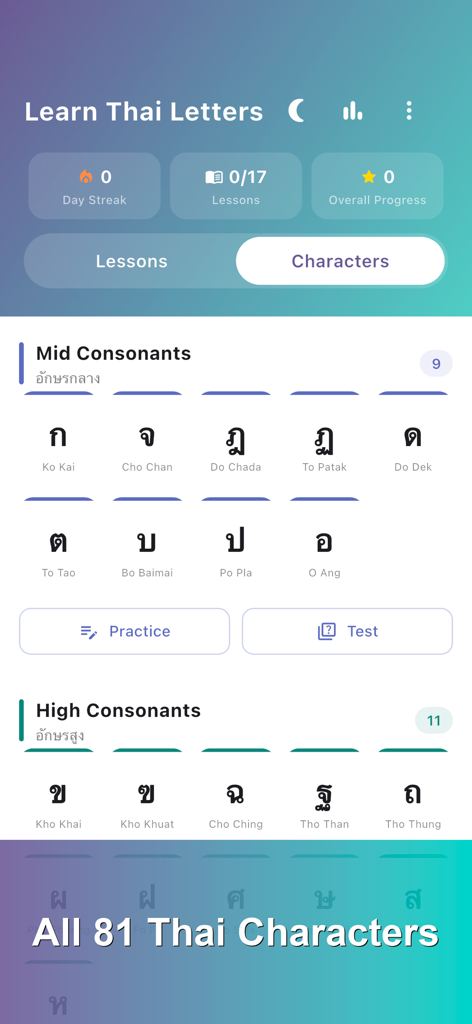 Learn Thai Alphabet - Interface of the Learn Thai Alphabet app displaying a categorized list of Thai consonants for study.