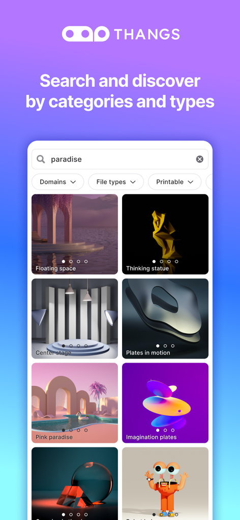 Thangs - Thangs-Mobile-App-Oberfläche, die ein Suchergebnisgitter mit verschiedenen 3D-Modellen und Kategoriefiltern anzeigt.