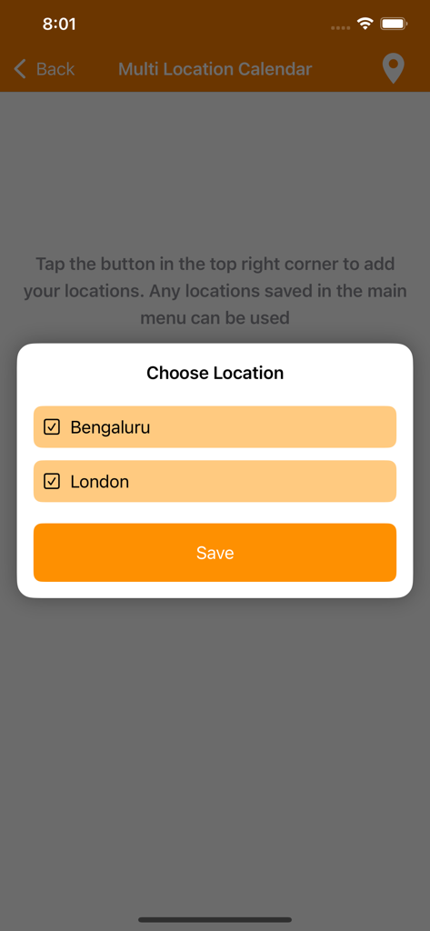 SkyCandy - Sunset Forecast App - SkyCandy sunset forecast app showing a location selection popup with multiple cities