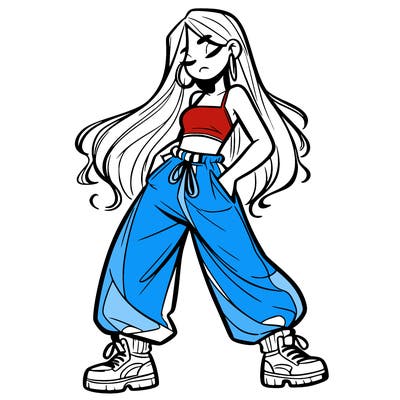 girl in baggy pants crop top and long hair
