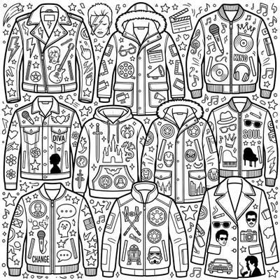 Express your fandom with this exciting coloring page featuring a collection of diverse outerwear, each celebrating a different cultural icon. From rock legends to sci-fi heroes, these intricately designed jackets and hoodies offer endless creative possibilities.
