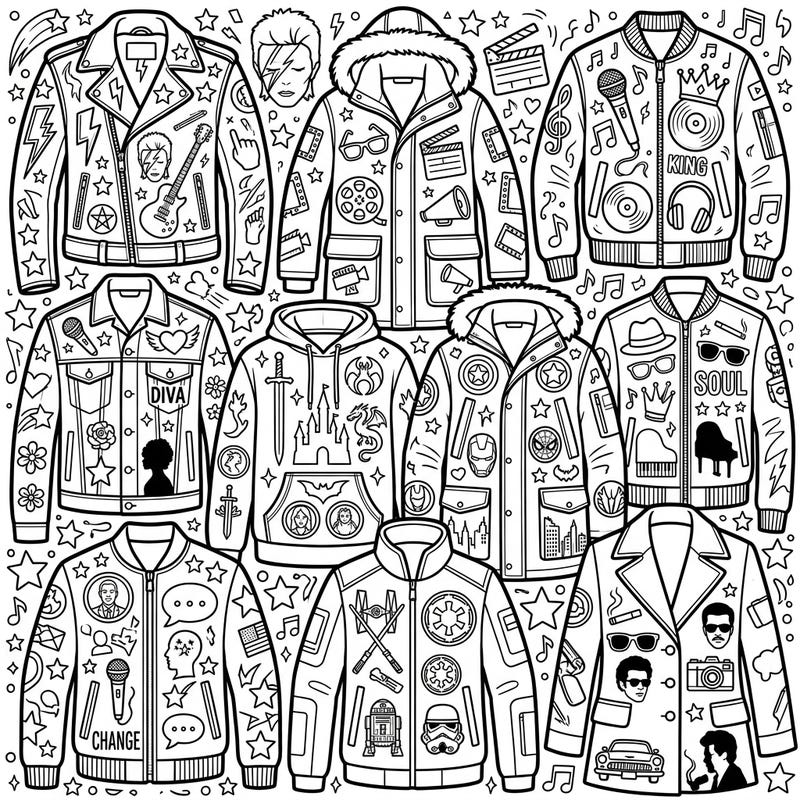 Express your fandom with this exciting coloring page featuring a collection of diverse outerwear, each celebrating a different cultural icon. From rock legends to sci-fi heroes, these intricately designed jackets and hoodies offer endless creative possibilities.