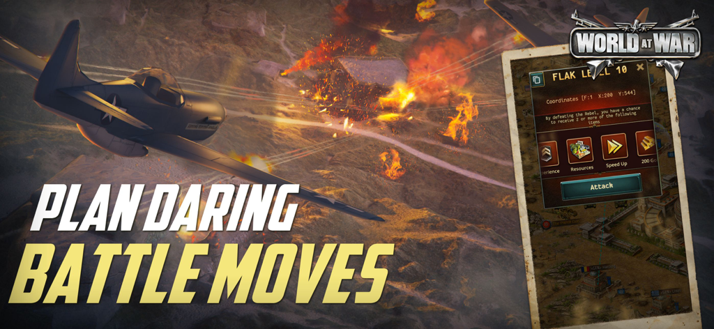 World at War WW2 Strategy MMO - A WWII fighter plane flying over a battlefield with an in-game menu for planning a daring attack on a flak target