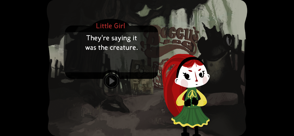 Detective Grimoire - Un personaje llamado Niña habla sobre una criatura en una escena oscura dibujada a mano de Detective Grimoire.