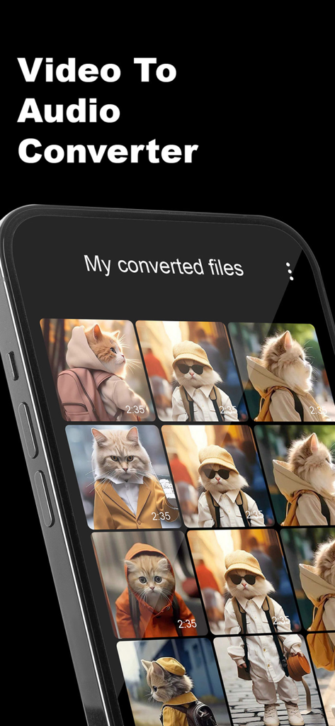 Video to Audio: Mp3 Converter - 고양이 썸네일 동영상과 함께 변환된 오디오 파일 컬렉션을 표시하는 모바일 앱 인터페이스.