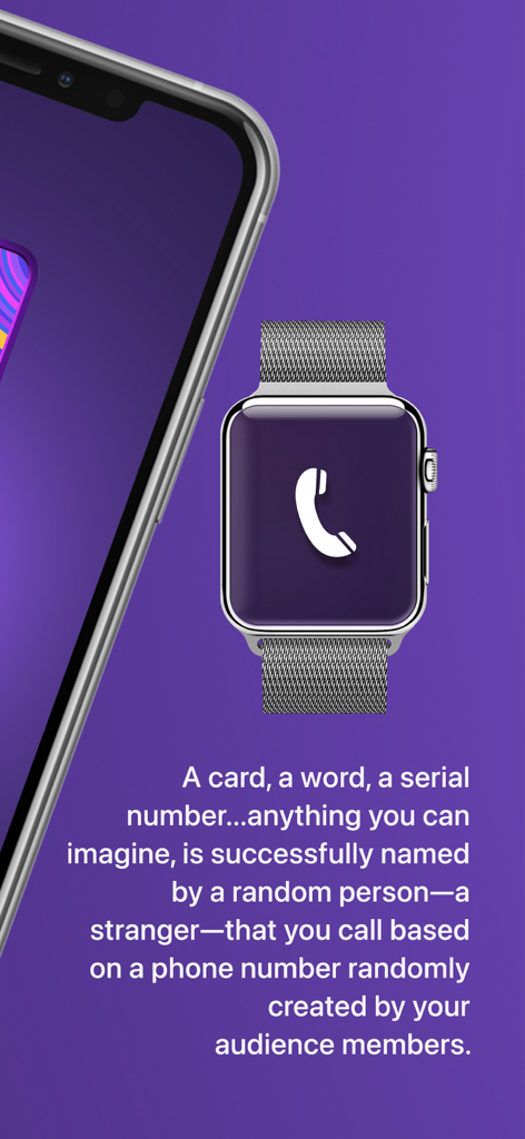 The Stranger - Die Magie-App The Stranger wird auf einem iPhone und einer Apple Watch angezeigt, mit beschreibendem Text auf lila Hintergrund.