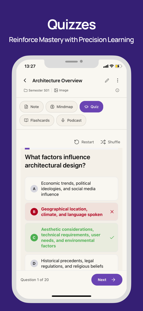 学生の学習のためのインタラクティブな多肢選択クイズ機能を表示するSocranotesモバイルアプリのインターフェース。