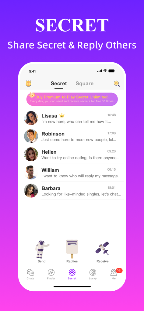 Sugar Meet & Dating Me: Secret - La scheda Segreto dell'app di incontri Sugar Meet che mostra un elenco di messaggi degli utenti e icone a tema spaziale per inviare e ricevere segreti.
