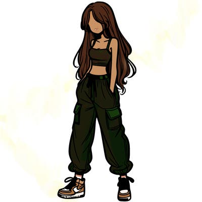 girl in baggy pants crop top and long hair