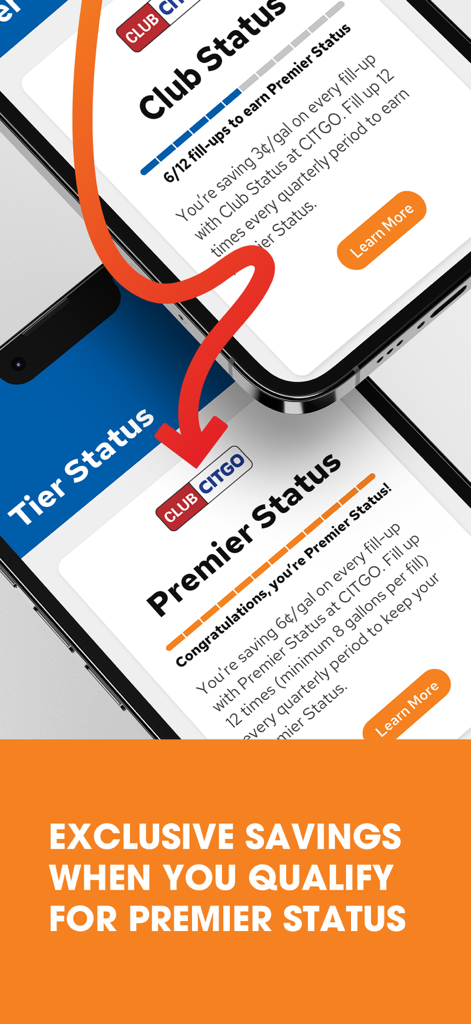 Club CITGO app screens showing the progression from Club Status to Premier Status for exclusive gas savings