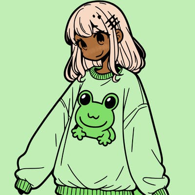 girl wearing frogging sweatshirt