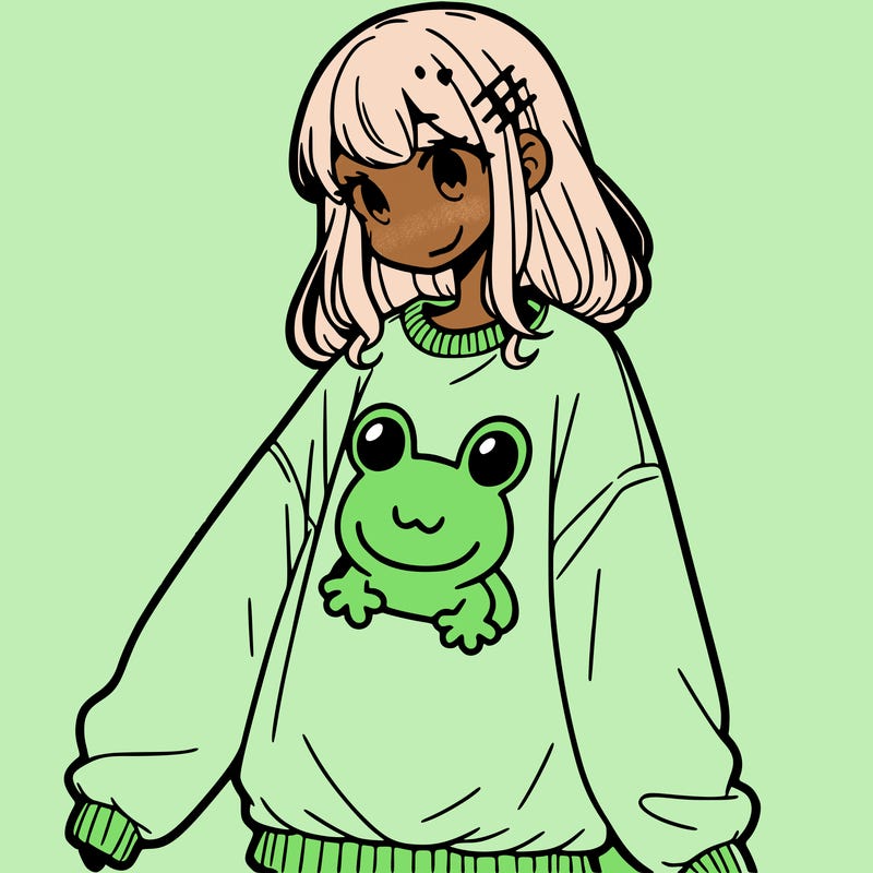 girl wearing frogging sweatshirt