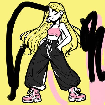 girl in baggy pants crop top and long hair