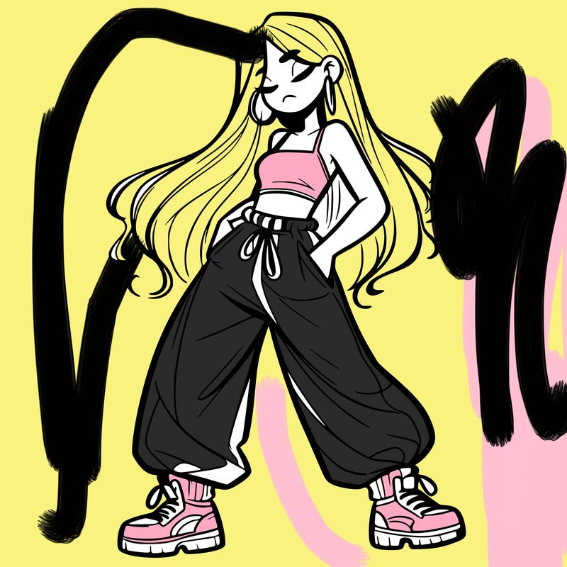 girl in baggy pants crop top and long hair