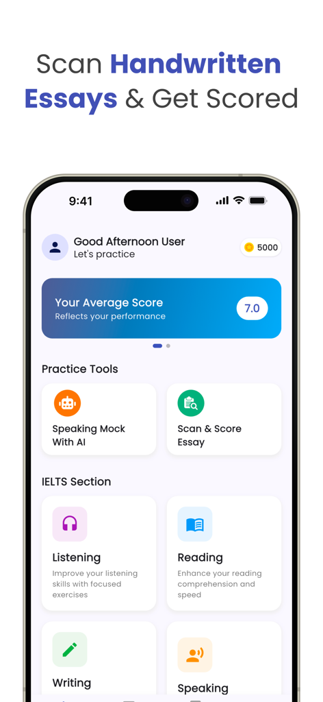 IELTS Pulse: Band 9 AI Prep - IELTS Pulse app dashboard displaying average score and practice tools for speaking and writing