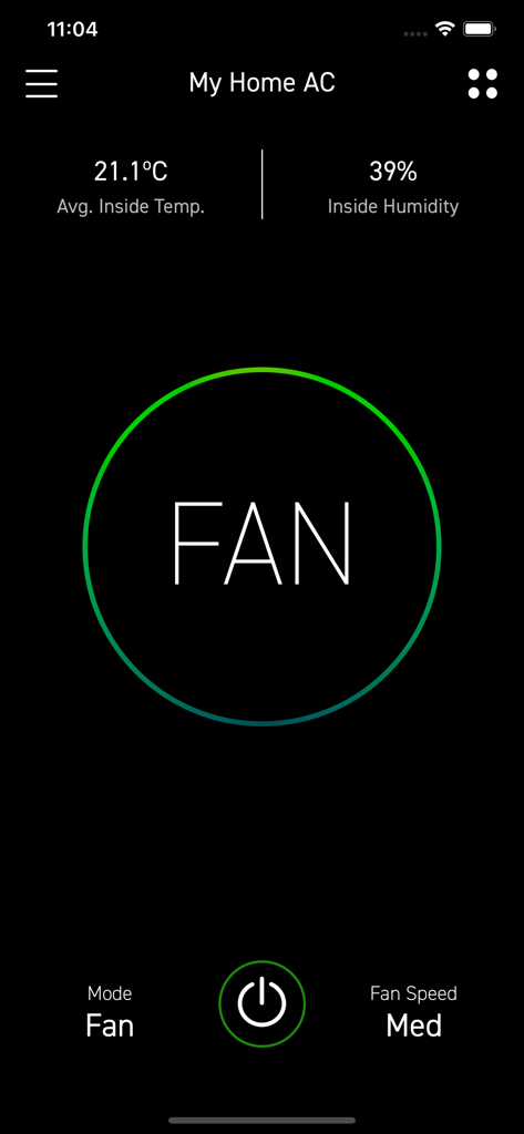 NEO Connect - Interfaz de la aplicación NEO Connect para el hogar inteligente que muestra el aire acondicionado del hogar en modo ventilador con niveles de temperatura y humedad