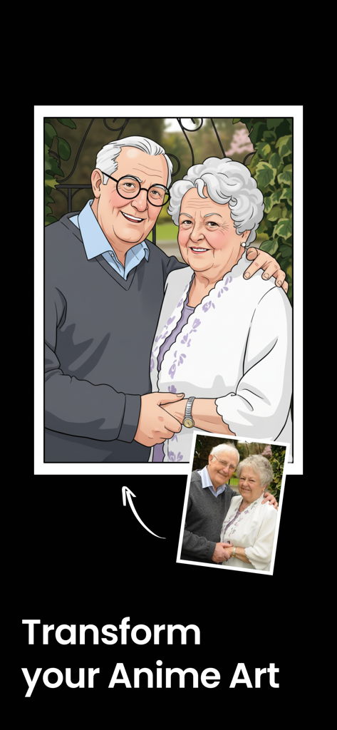 ReSnap: AI Photos & Edits - Uma foto de um casal idoso transformada em arte de anime estilizada usando a IA ReSnap