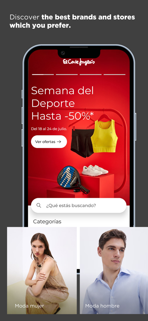 El Corte Inglés - Mobile phone screen showing El Corte Ingles shopping app with a sports promotion and fashion categories
