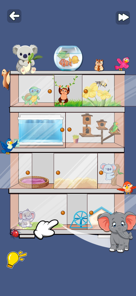 Satisjoy: Organize Tidy Puzzle - Clasificando lindos animales de dibujos animados en un estante en el rompecabezas de orden de Satisjoy.