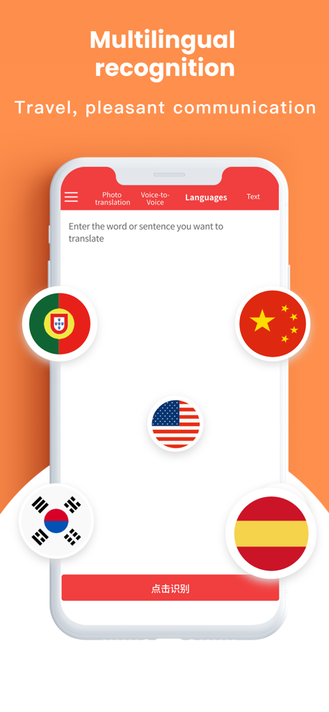 Pantalla de smartphone de una aplicación de traducción con reconocimiento multilingüe y banderas.