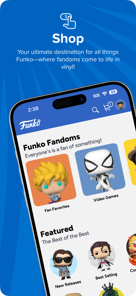 Funko - Funko mobile app shop screen showing various collectible figures like Goku and Spider-Man under the Funko Fandoms category.
